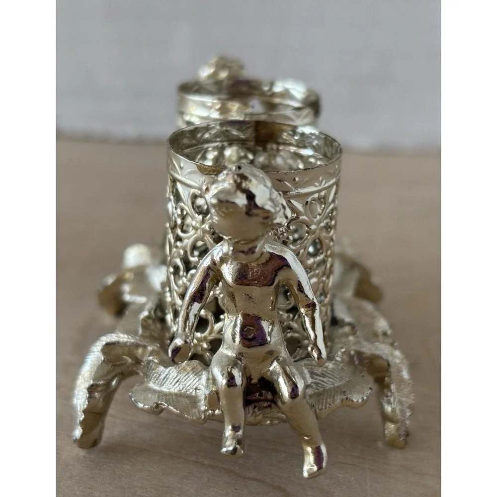 Vtg Sam Fink Lipstick Holder Hollywood Regency Double Cherub Silvertone Filigree